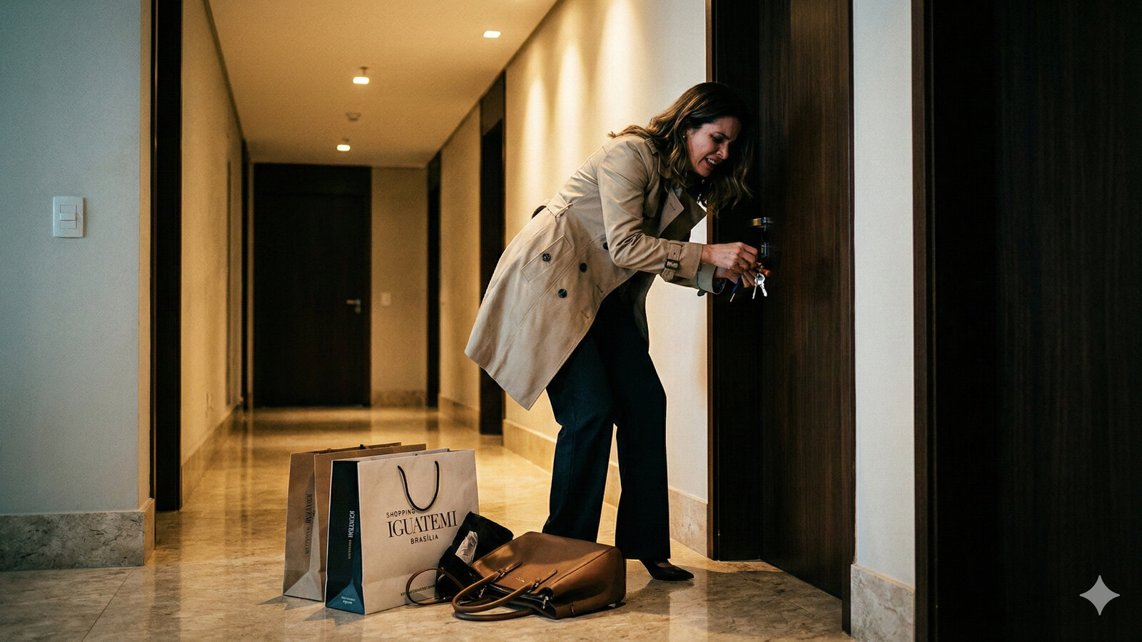 Mulher em corredor de apartamento de alto padrão em Brasília, tentando abrir a porta com urgência e mãos trêmulas, com sacolas no chão, ilustrando o fenômeno da incontinência de chegada e urgência miccional.