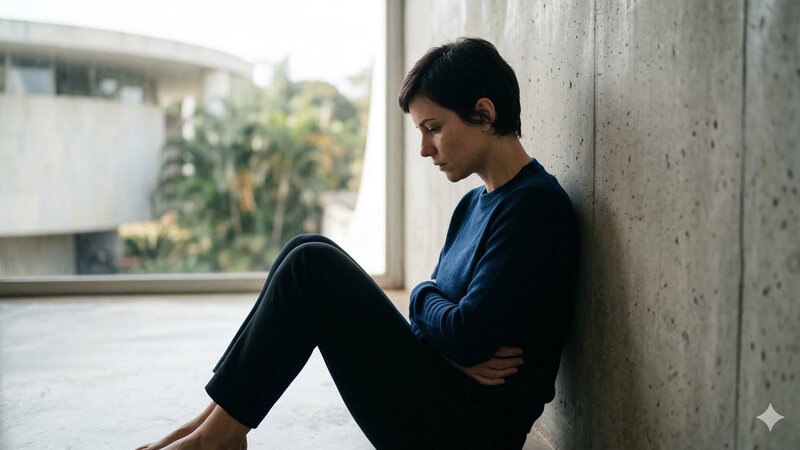 Paciente adulta em contexto clínico, representando constipação intestinal com possível relação funcional do assoalho pélvico.