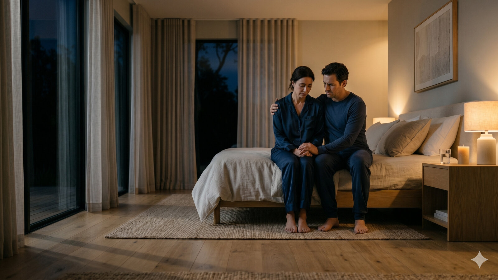 Mulher sentada à beira da cama, de costas, em postura de desconforto e introspecção, em quarto elegante com luz natural suave