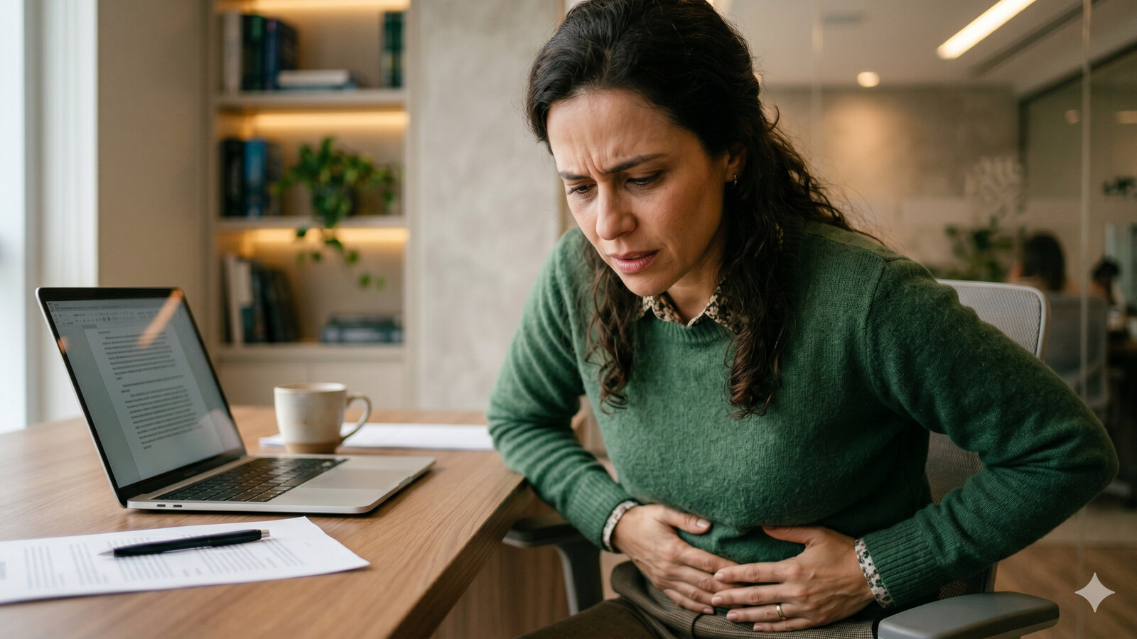 Mulher sentada em escritório com expressão de desconforto discreto, representando o impacto da dor pélvica crônica na rotina de trabalho.