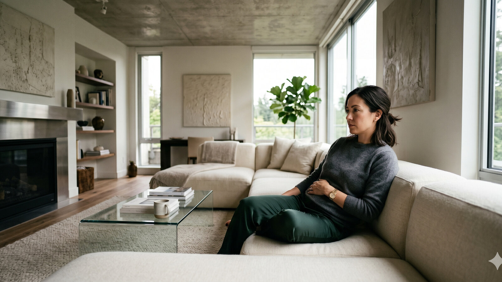 Mulher sentada em ambiente doméstico sofisticado com expressão de desconforto abdominal