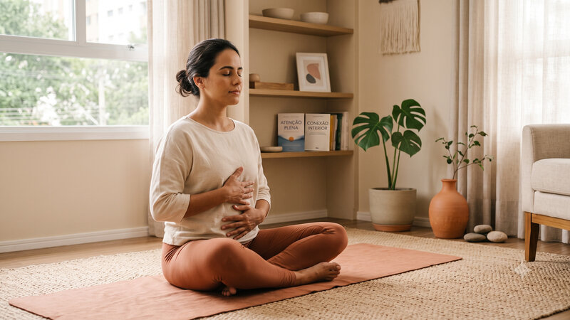 Mulher sentada em tapete de exercícios em casa, em postura de respiração consciente, representando o treino do assoalho pélvico.