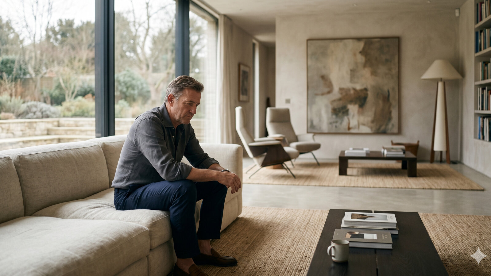 Homem maduro sentado em poltrona em ambiente sofisticado, com expressão pensativa e serena