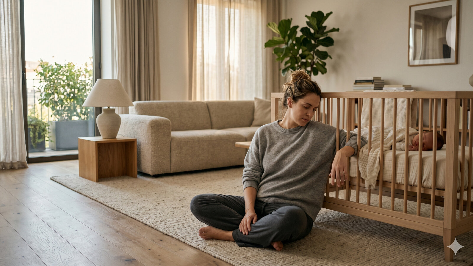 Mãe recente em casa com seu bebê, representando o período de recuperação pós-parto e os desafios do assoalho pélvico.