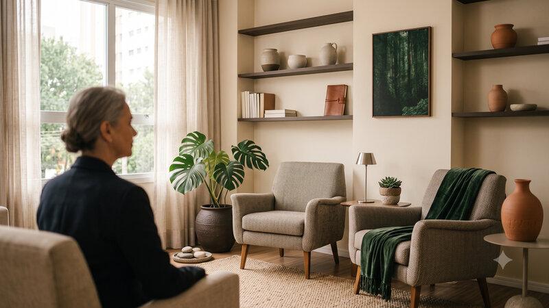 Consultório de saúde acolhedor com poltronas e luz suave, representando o espaço de conversa discreta sobre incontinência fecal.