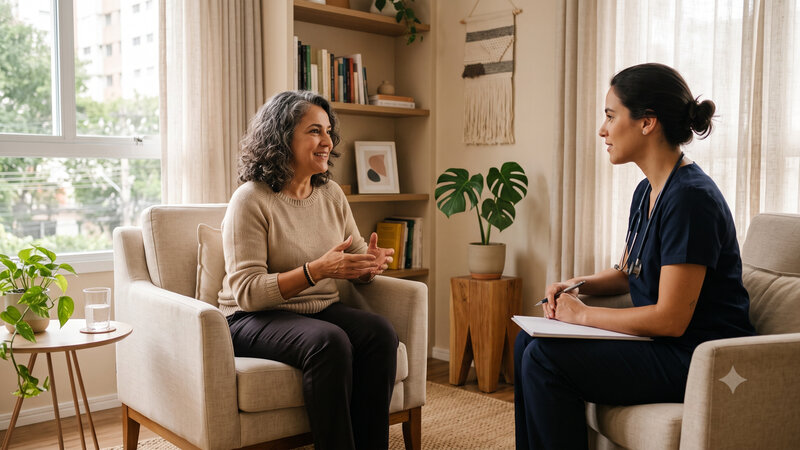 Mulher madura conversando com fisioterapeuta em consultório acolhedor, representando a avaliação do prolapso genital.
