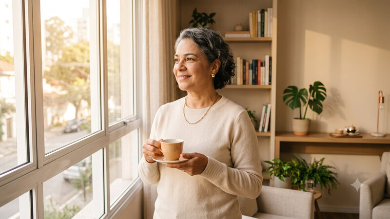 Mulher madura serena junto a uma janela com luz natural da manhã, representando qualidade de vida na menopausa.