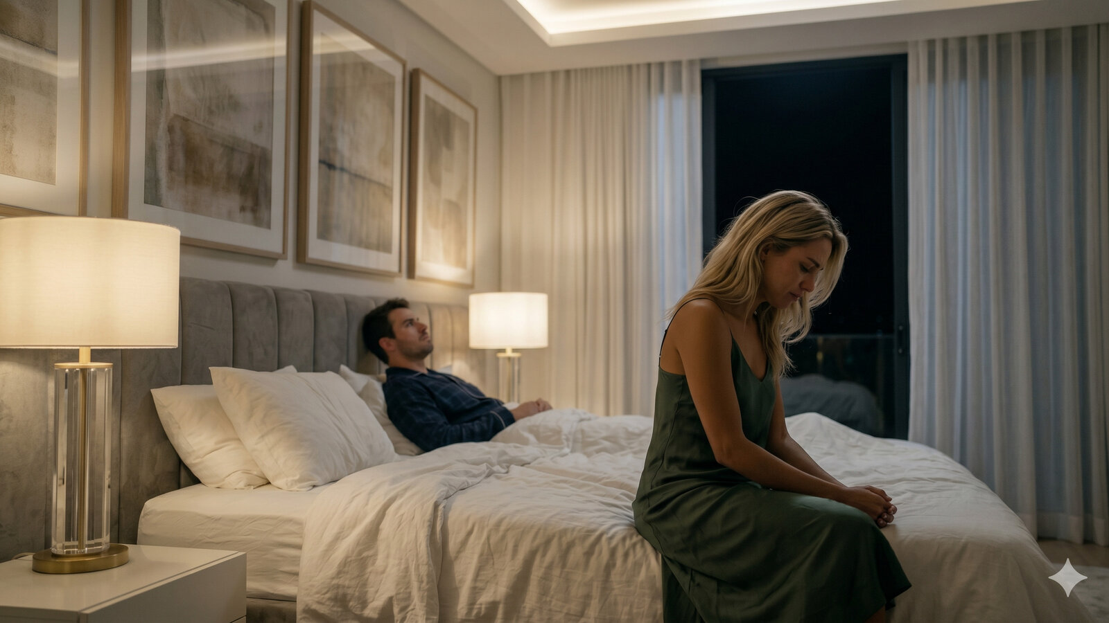 Casal em quarto de casal, mulher sentada na ponta da cama com expressão triste e parceiro deitado ao fundo, representando o impacto do vaginismo na vida íntima e no relacionamento.